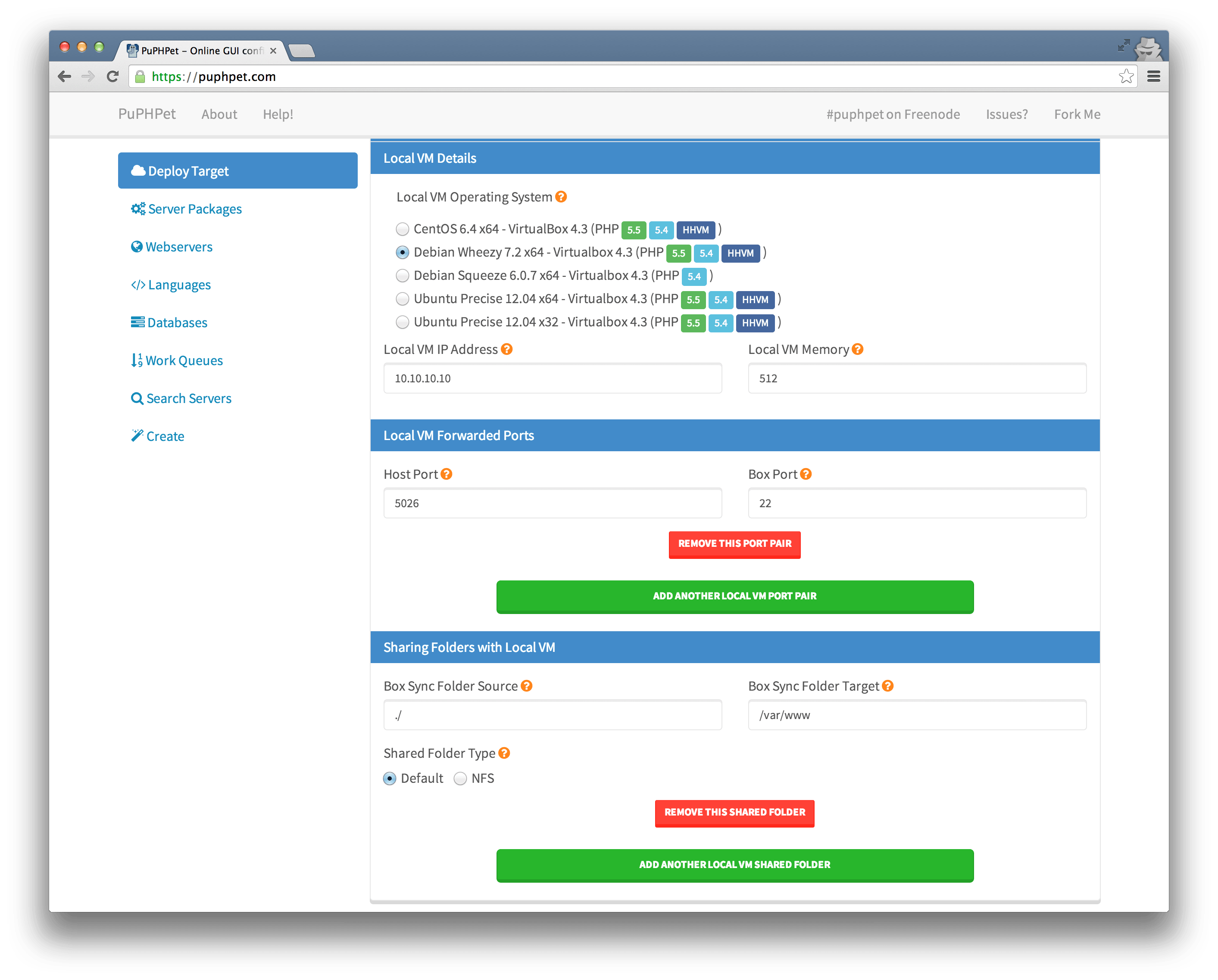 Screenshot of PuPHPet.com