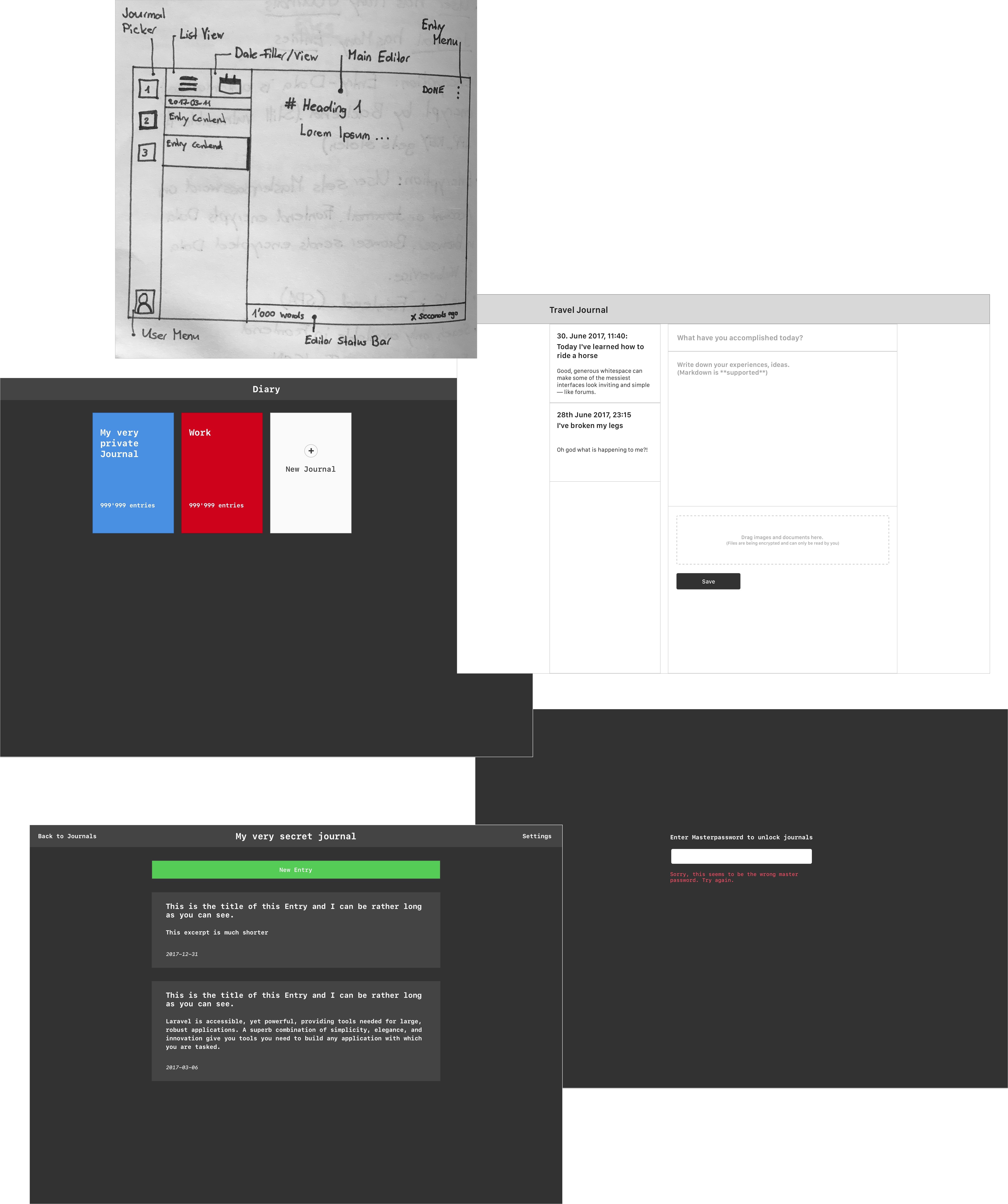 Sketches of different layout designs for the app.