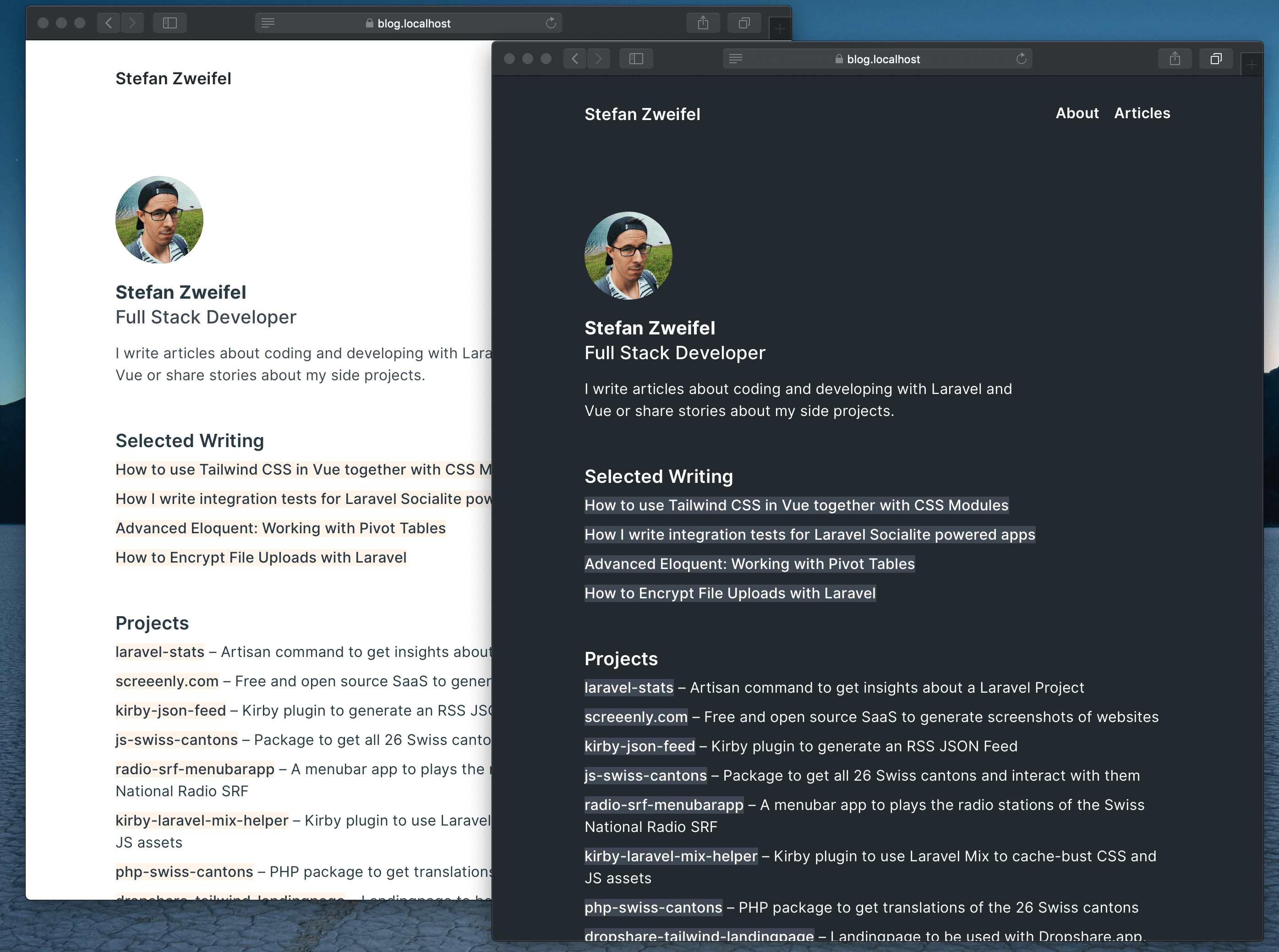 Screenshots of stefanzweifel.dev: Light Mode and Dark Mode