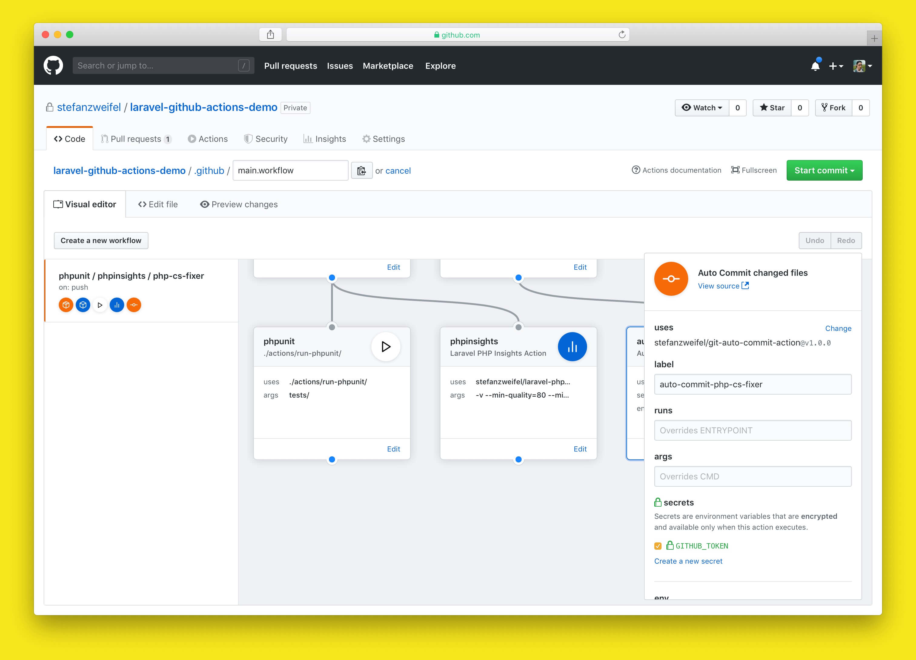 Add the GITHUB_TOKEN by checking the corresponding checkbox in the editor.