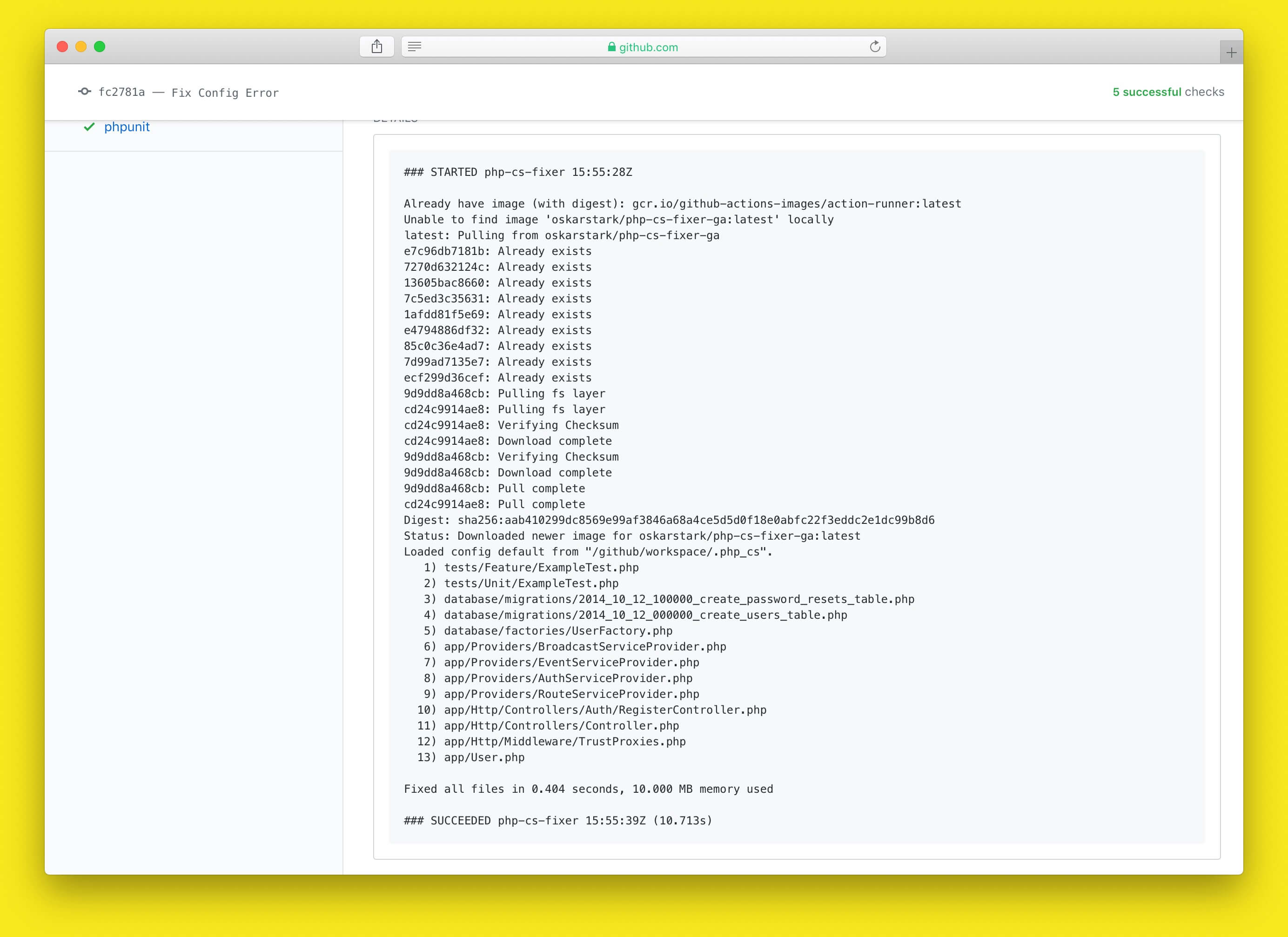Screenshot of Output of php-cs-fixer Action