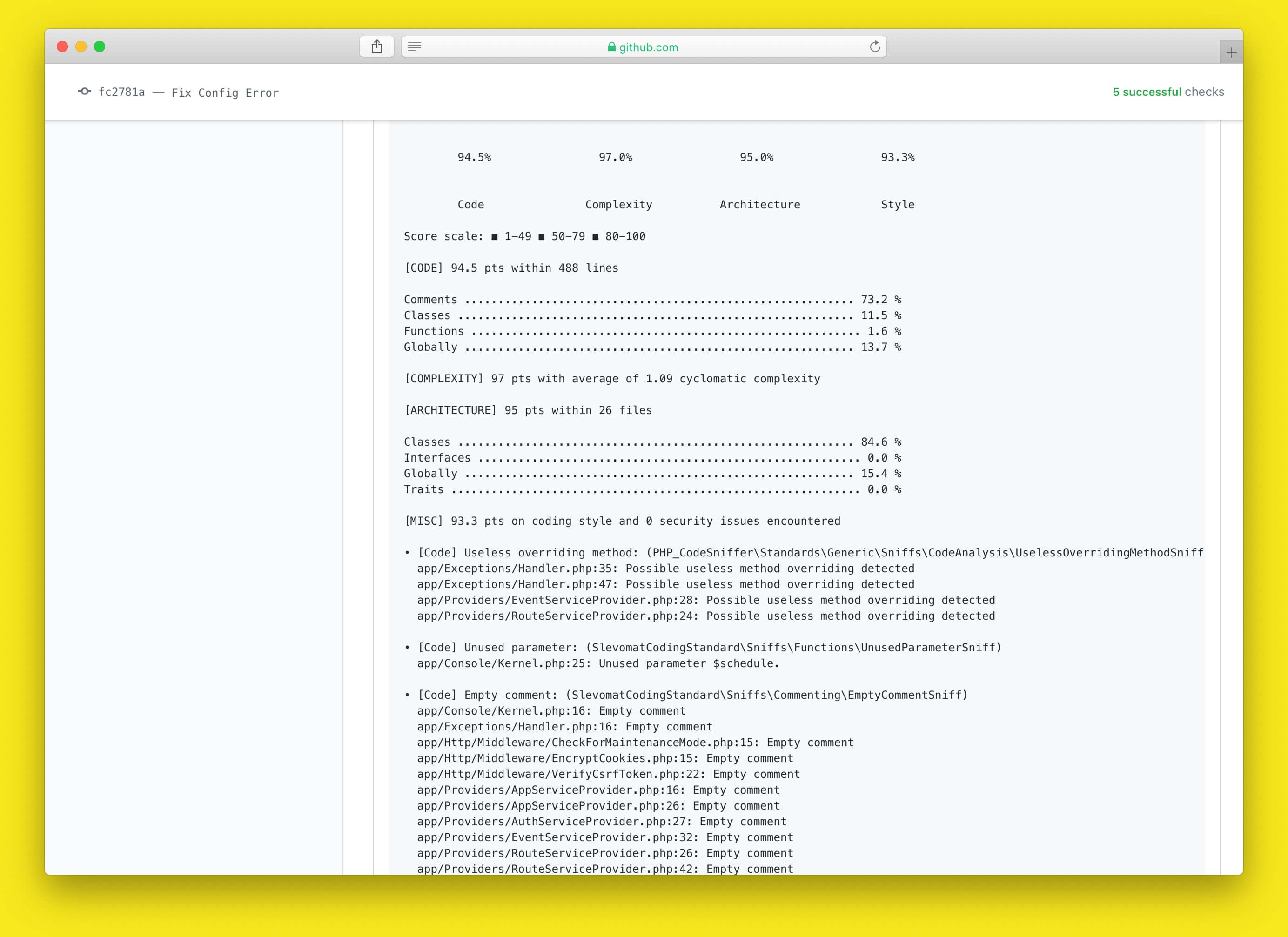 Screenshot of PHP Insights output