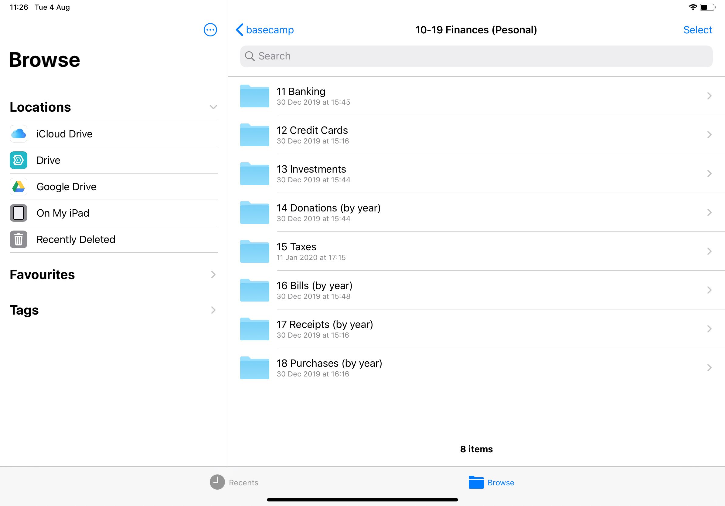 Screenshot of iPad OS Files.app showing remote folders from my NAS.