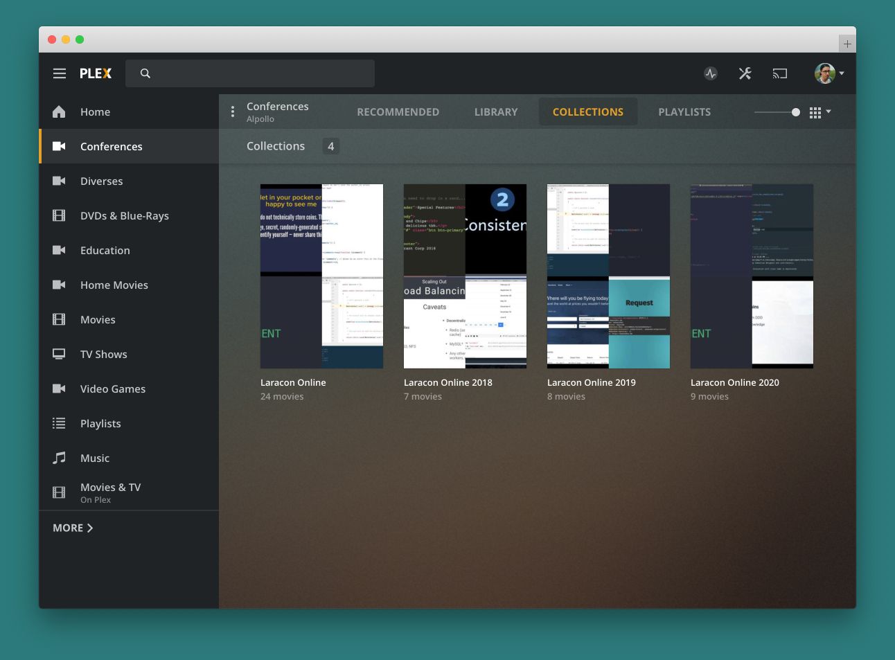 Screenshot of the Plex Dashboard with recorded talks of past Laracons
