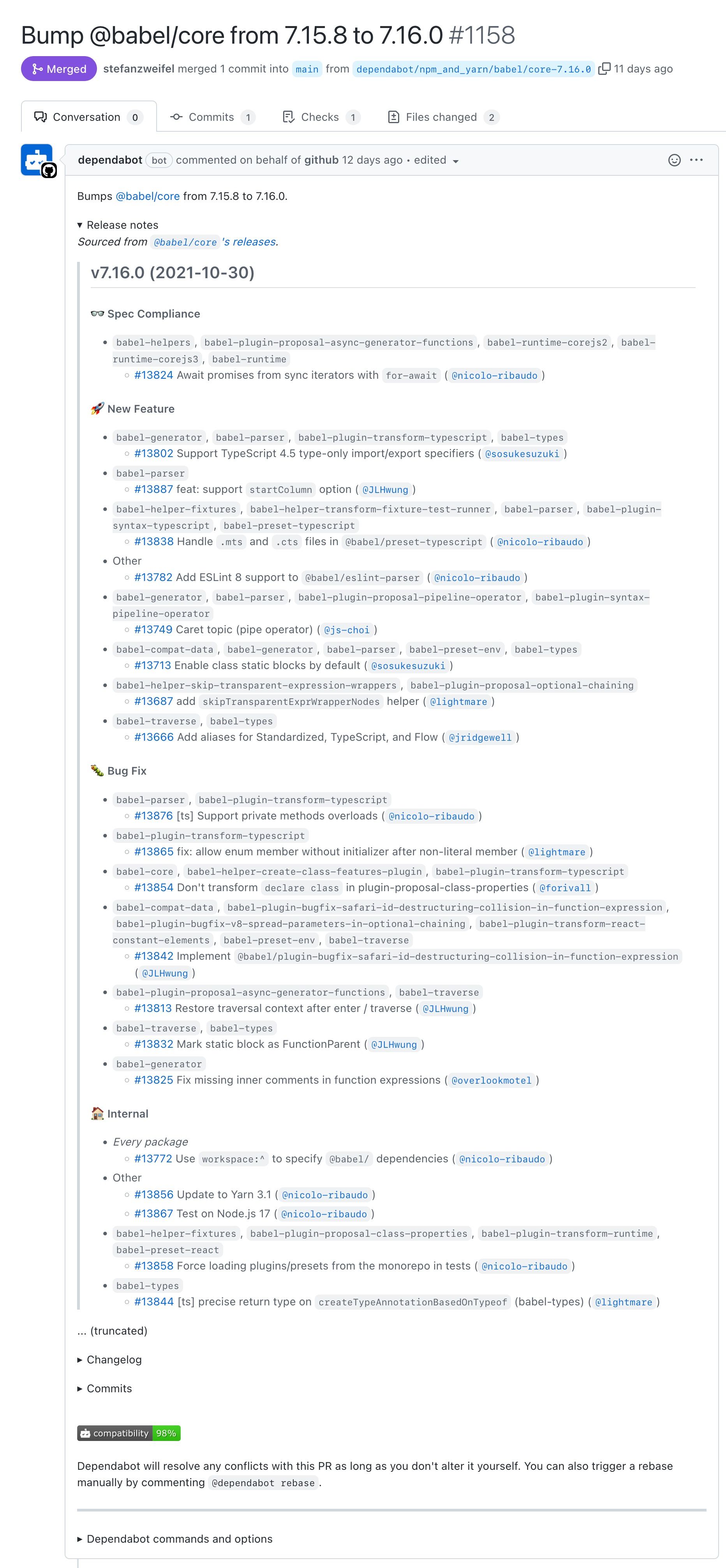 Screenshot of a Pull Request showing the release notes related to the dependency.