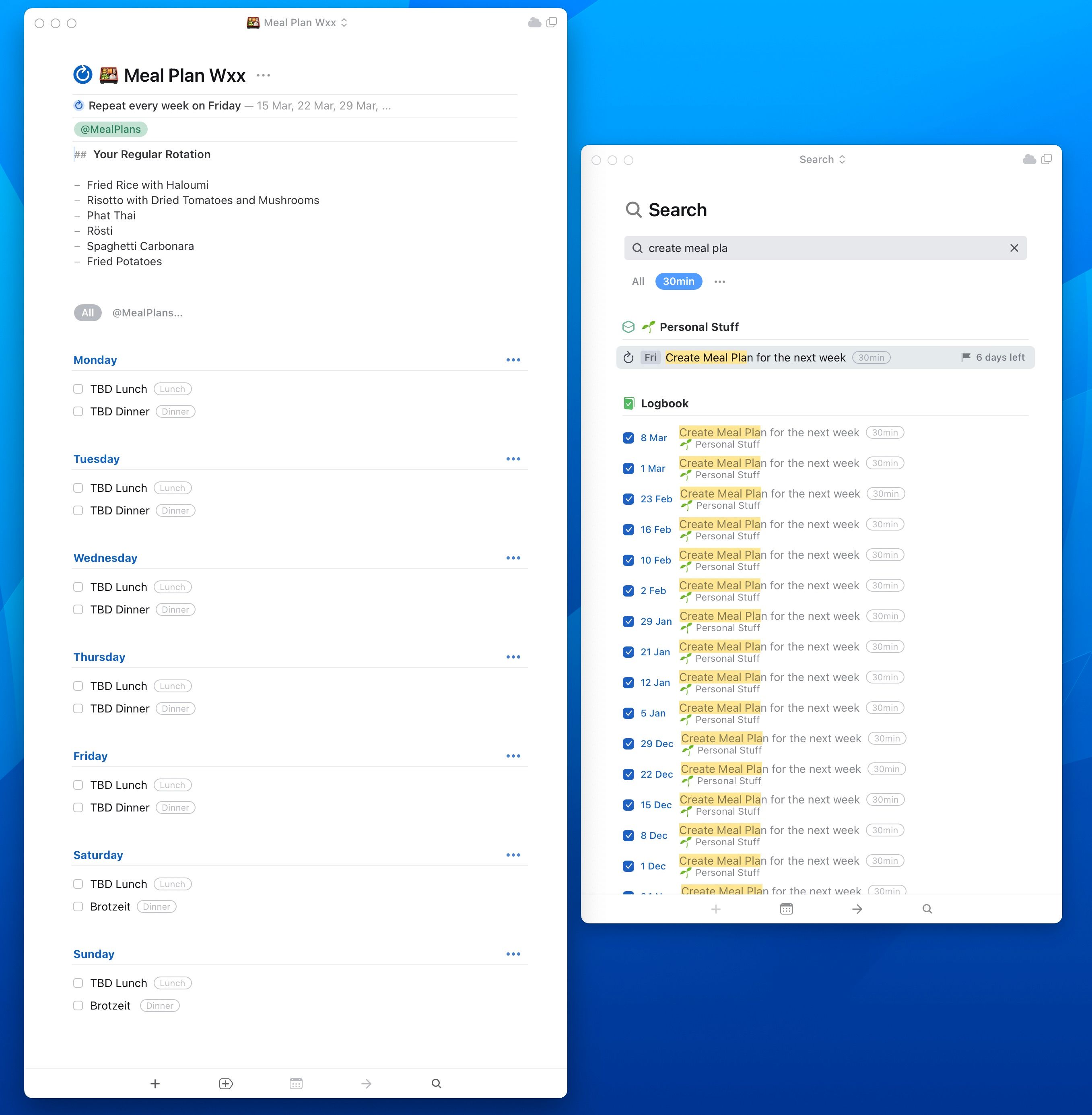 Screenshot of two Things 3 windows. The left window shows the recurring Meal Plan project. The right window shows the recurring tasks to fill out the meal plan.